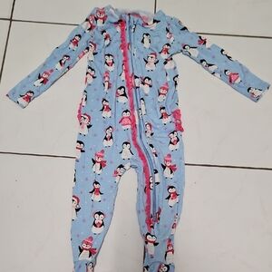 Ruffle Butts Light Blue Penguin Print Footie 6-12